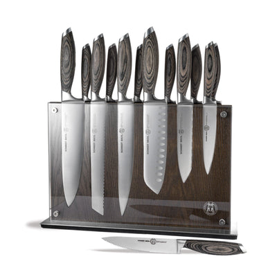 Schmidt Brothers Kitchen Cutlery Schmidt Brothers, Bonded Ash, 15-Piece Knife Set, High-Carbon Stainless Steel Cutlery with Black Ash Wood and Acrylic Magnetic Knife Block