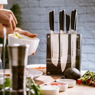 Schmidt Brothers Kitchen Cutlery Schmidt Brothers, Heritage, 7-Piece Knife Set, High-Carbon Stainless Steel Cutlery with Black Ash Wood and Acrylic Magnetic Knife Block
