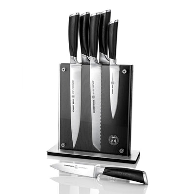 Schmidt Brothers Kitchen Cutlery Schmidt Brothers, Heritage, 7-Piece Knife Set, High-Carbon Stainless Steel Cutlery with Black Ash Wood and Acrylic Magnetic Knife Block