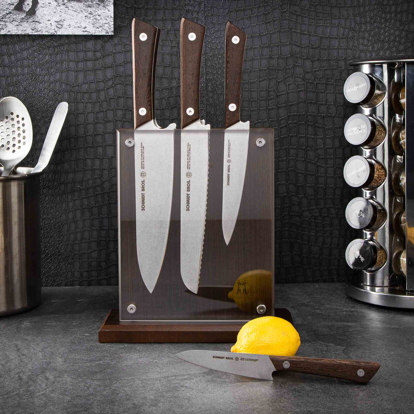 Schmidt Brothers Kitchen Cutlery Schmidt Brothers - Wenge Midtown Magnetic Knife Block, Universal Storage For Up to 8-10 Cutlery, Wenge Wood and Acrylic Shield