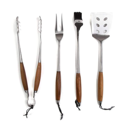 Schmidt Brothers BBQ Schmidt Brothers - BBQ Bonded Teak 4 Piece Grill Set, Forged Stainless Steel Grilling Utensils
