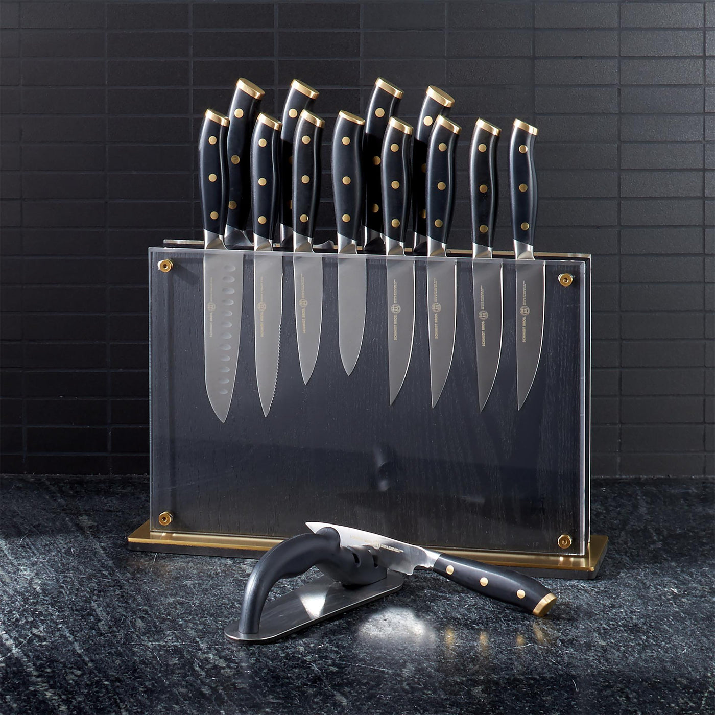 Schmidt Brothers Kitchen Cutlery Schmidt Brothers, Black & Brass, 15-Pc Knife Block Set
