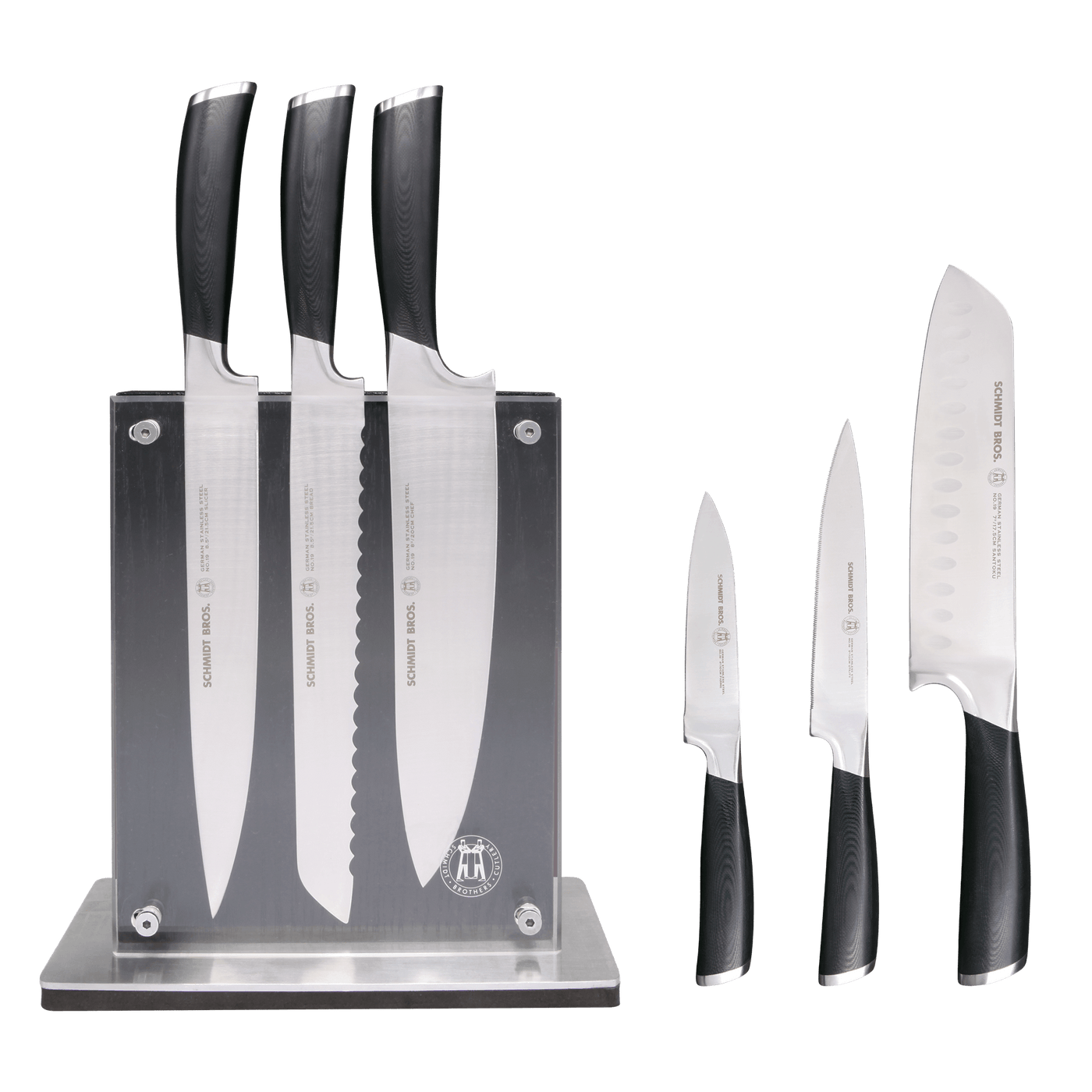 Schmidt Brothers Kitchen Cutlery Schmidt Brothers, Bonded Ash, 7-Piece Knife Set, High-Carbon Stainless Steel Cutlery with Black Ash Wood and Acrylic Magnetic Knife Block