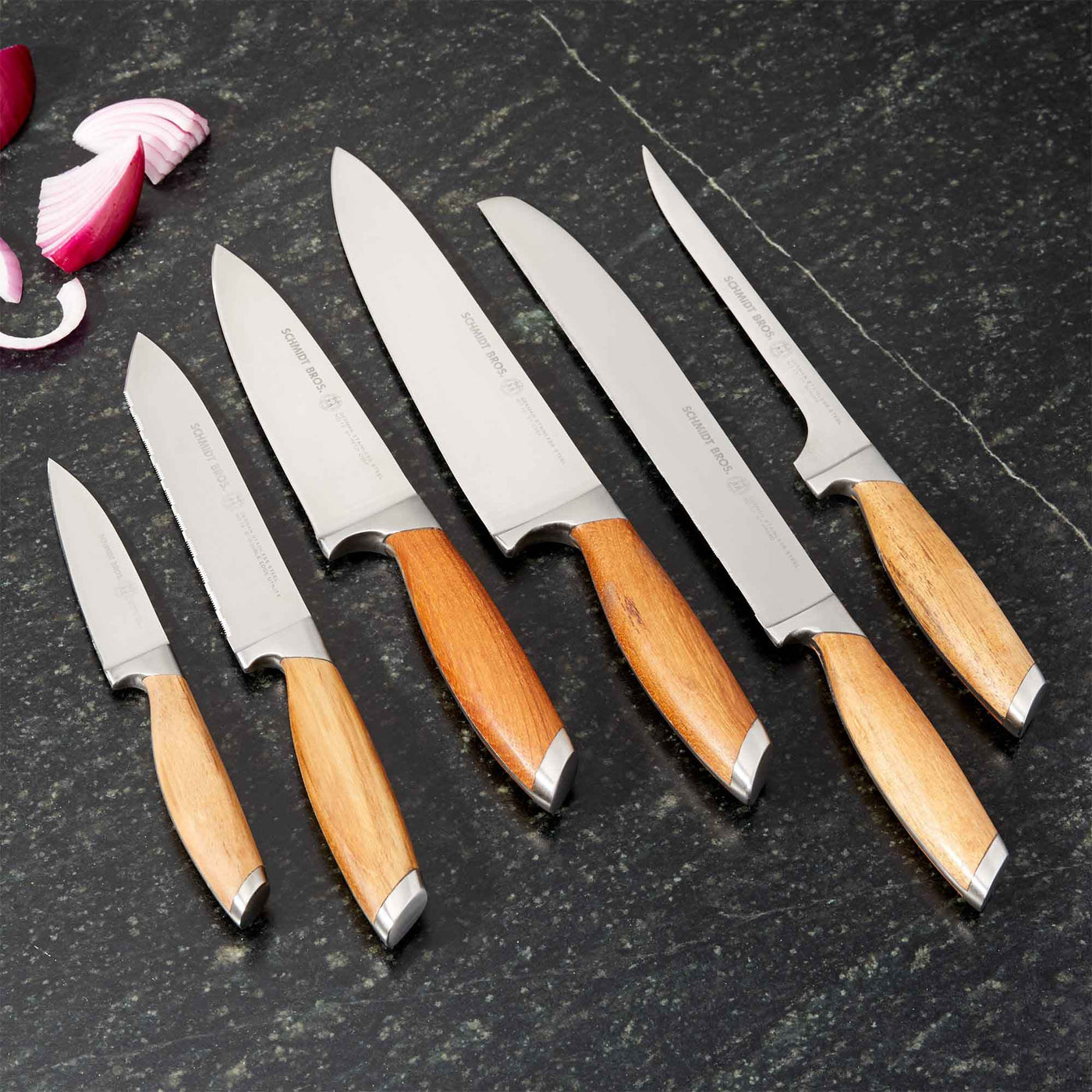 Schmidt Brothers Kitchen Cutlery Schmidt Brothers - Bonded Teak, 7-Piece Knife Set, High-Carbon Stainless Steel Cutlery with Acacia and Acrylic Magnetic Knife Block