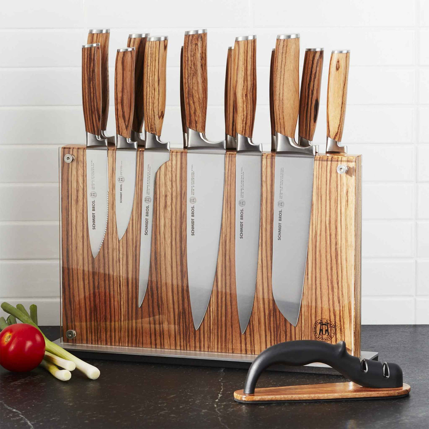 Schmidt Brothers Kitchen Cutlery Schmidt Brothers - Zebra Wood, 15-Piece Knife Set, High-Carbon Stainless Steel Cutlery with Zebra Wood Magnetic Knife Block and Knife Sharpener