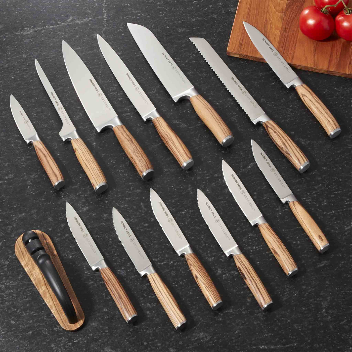 Schmidt Brothers Kitchen Cutlery Schmidt Brothers - Zebra Wood, 15-Piece Knife Set, High-Carbon Stainless Steel Cutlery with Zebra Wood Magnetic Knife Block and Knife Sharpener